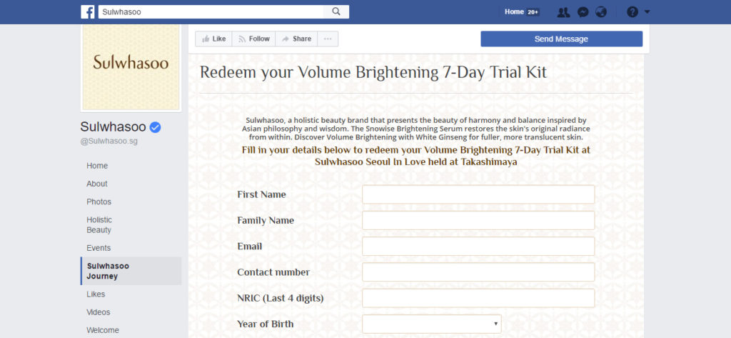 Screen grab of the Facebook App for Sulwhasoo Holistic Beauty - App Development