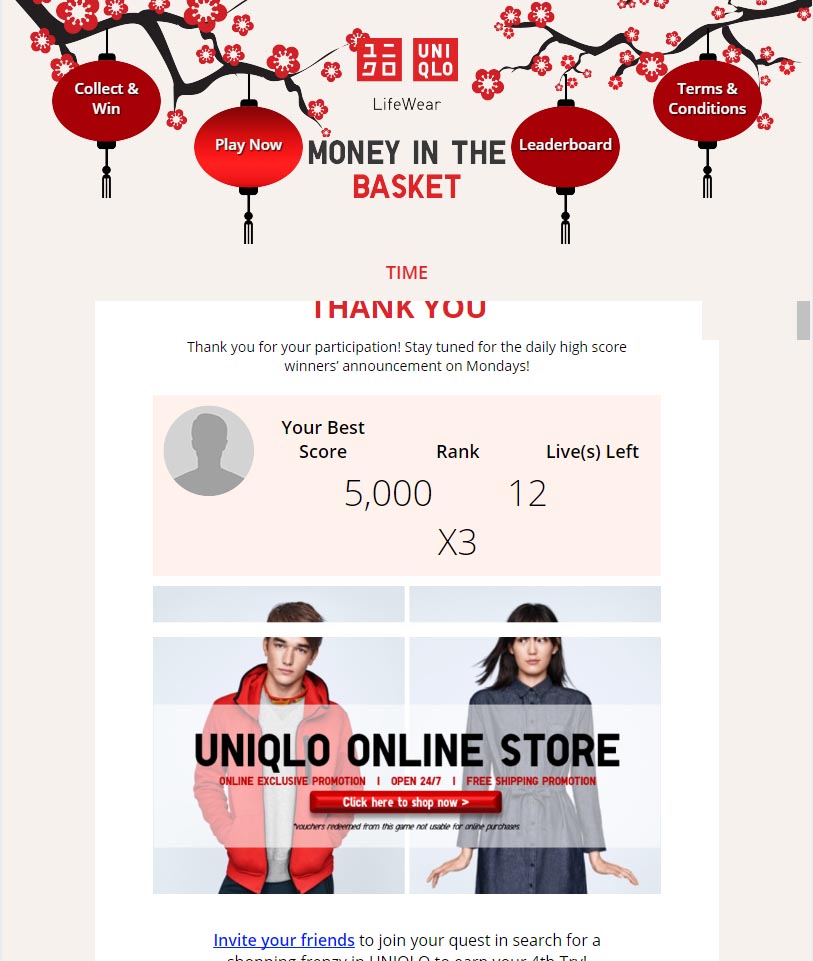 Screen grab of the Facebook App for UNIQLO Money in the Basket - App Development