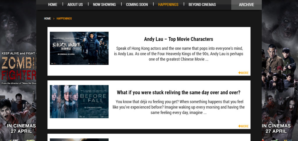 Screen grab of the GSC Movies Website Events Page - Web Design & Development