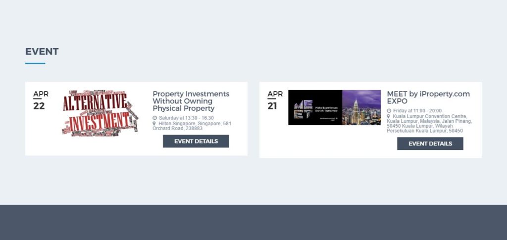 Screen grab of the Yazhou Property Website Events Page - Web Design & Development