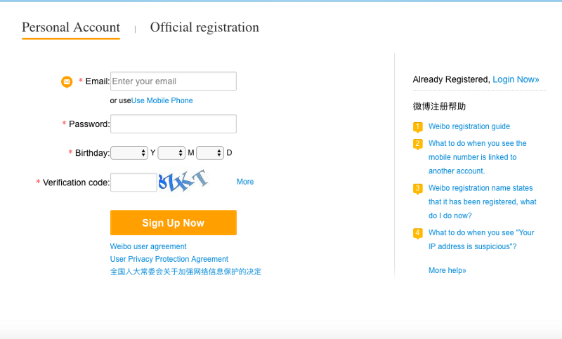 Hướng dẫn đăng kí tài khoản Weibo